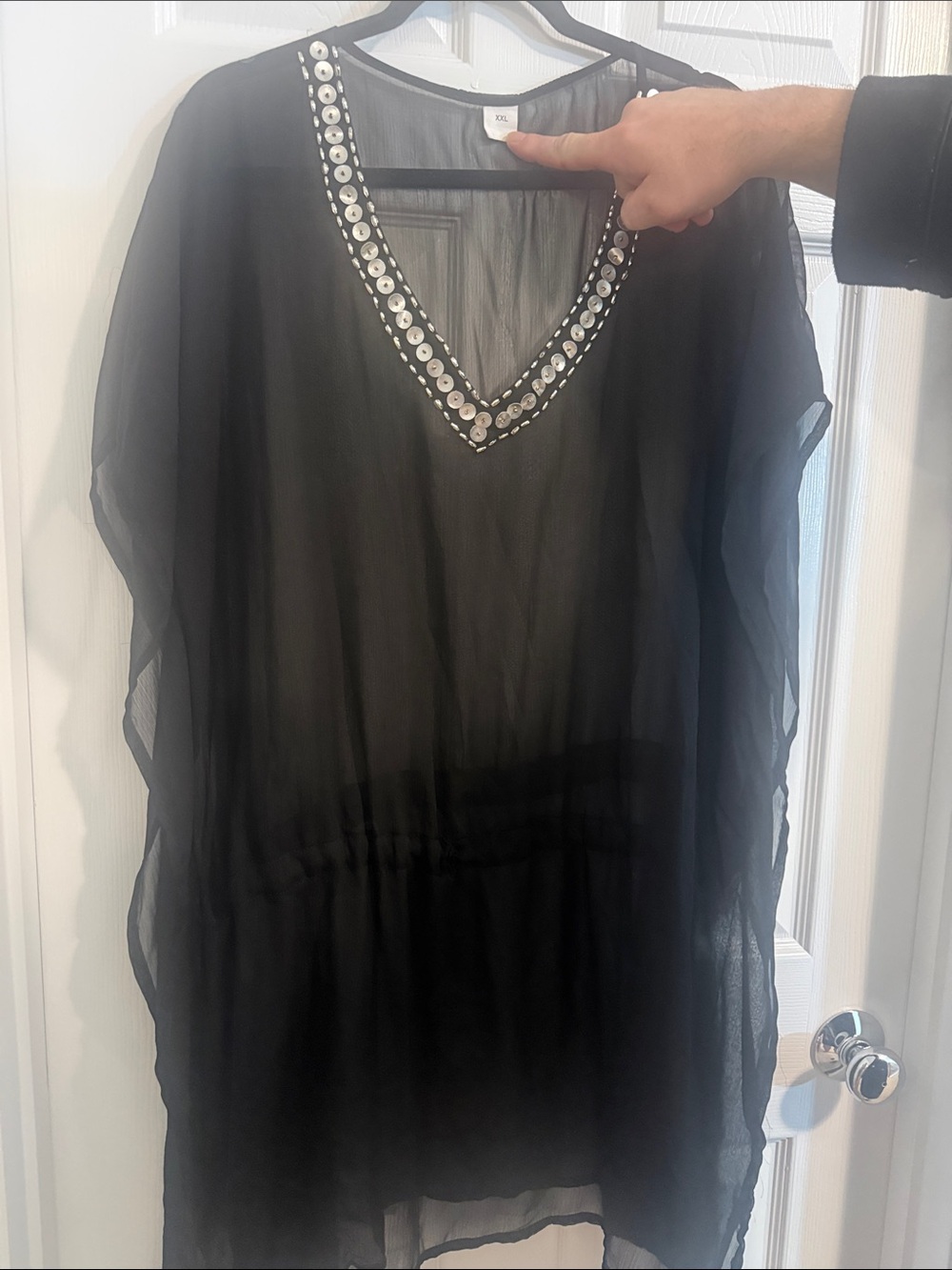 Black Sheer Beach Cover-Up Tunic with Embellished V-Neck